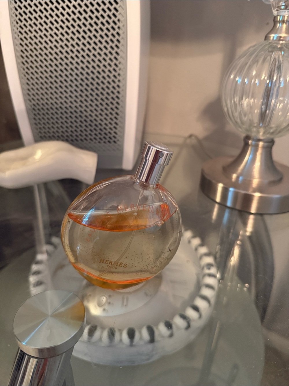 Hermes Round Glass Perfume Bottle with Orange Accents
